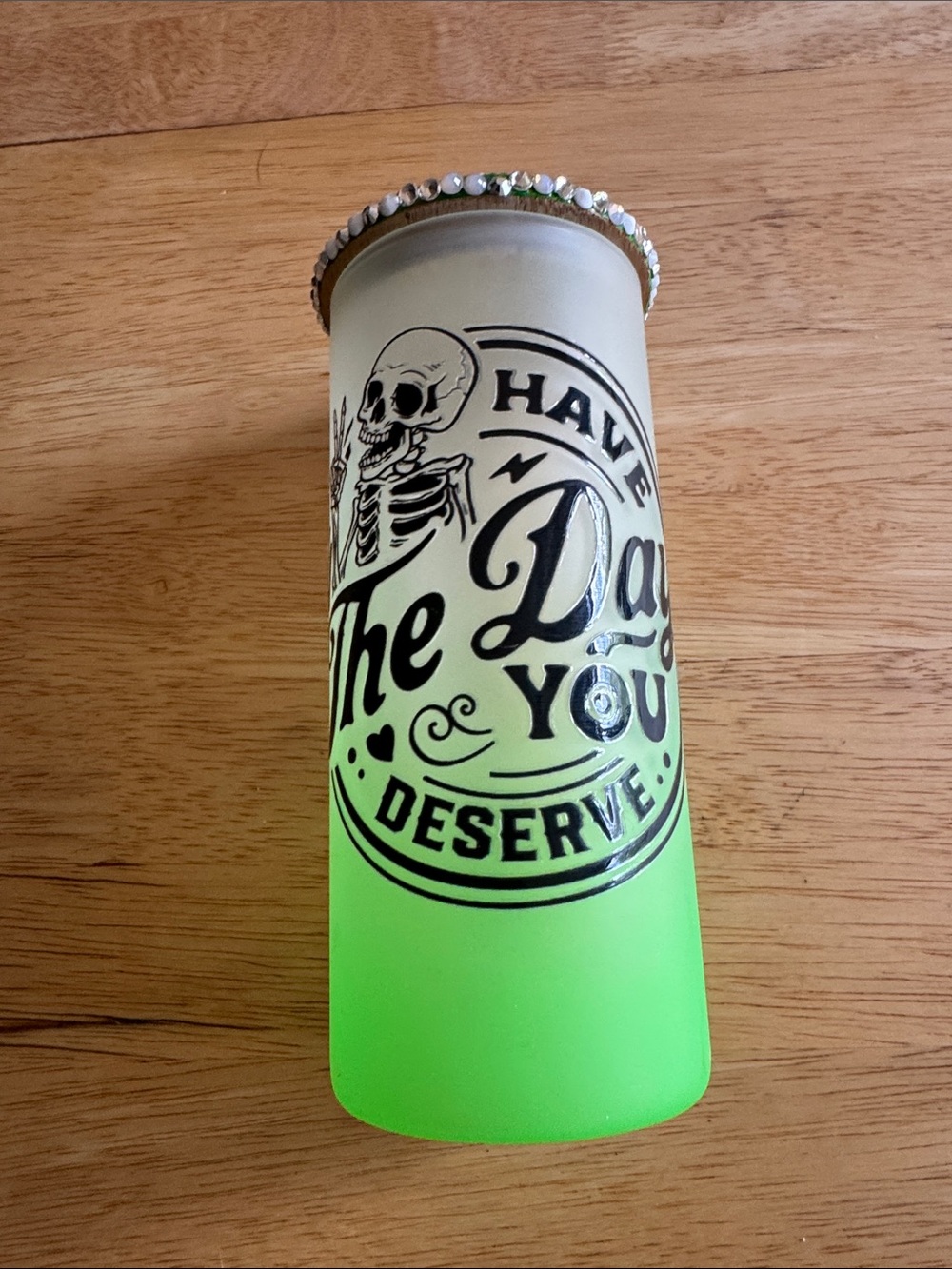 Neon Green Ombre Glass Tumbler with Skull Graphic